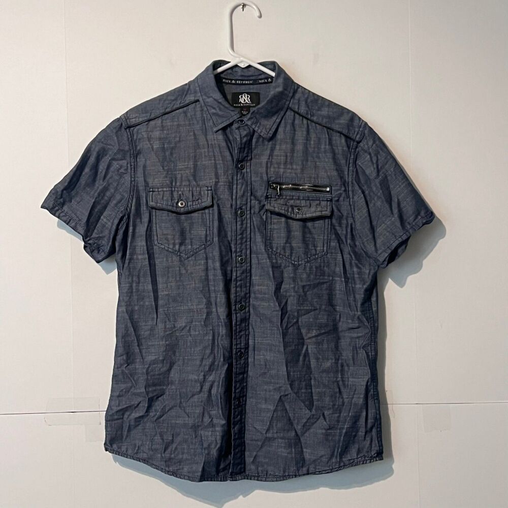 Rock Republic Mens Shirt Size M Dark Blue Denim Chambray Zip Pocket Button Up